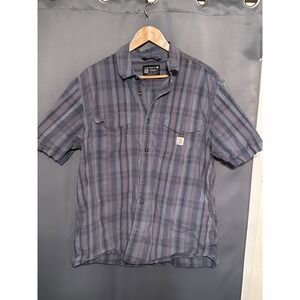 Carhartt Mens XL Tall Gray/Blue Plaid Rugged Flex Button Up Short Sleeve Relaxed